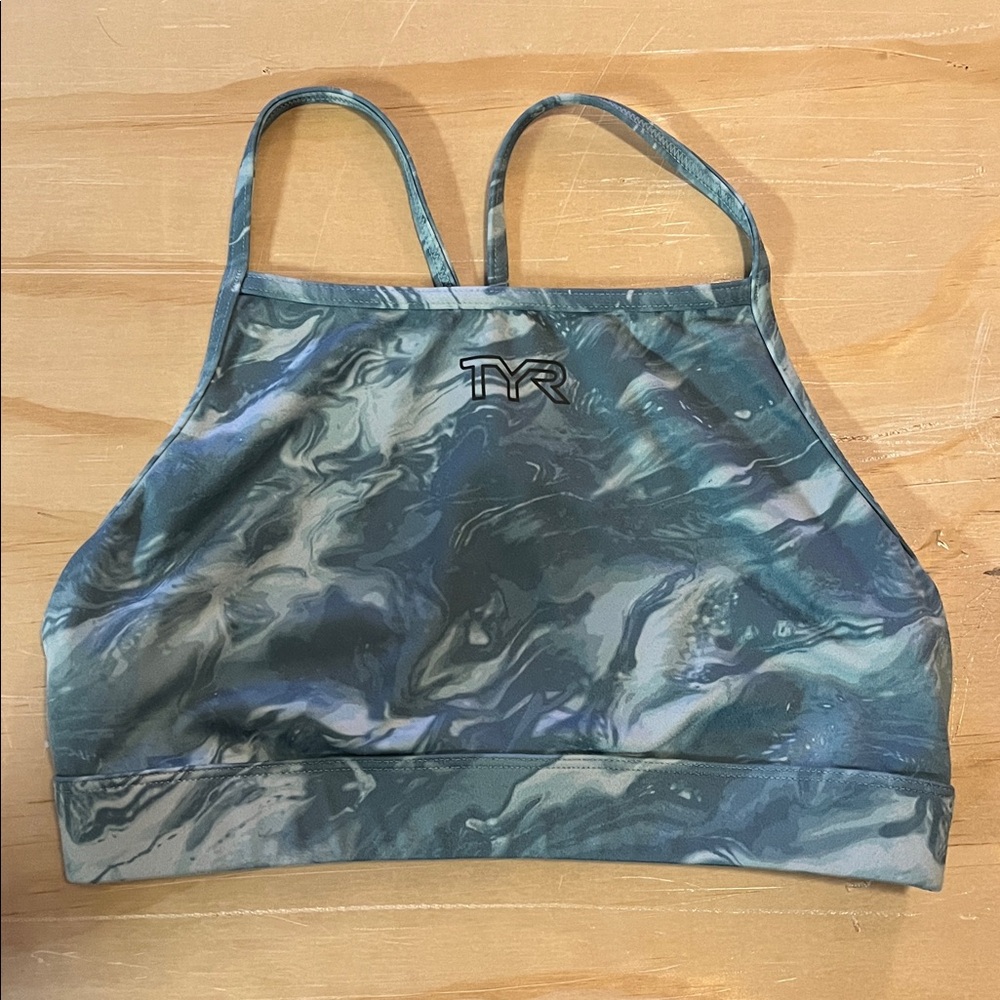 TYR Marble Print High-Neck Sports Bra in Blue & Gray